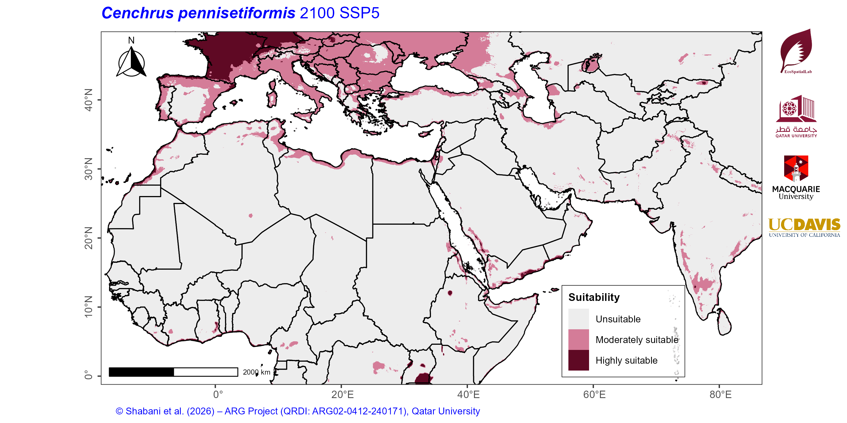 Projected Climate Suitability in the Mediterranean–Middle East–North Africa Dryland Belt SSP5 — 2100